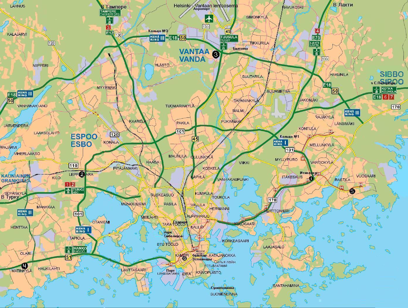 Карта Хельсинки с указанием расположения торговых центров, метро и аэропорта.